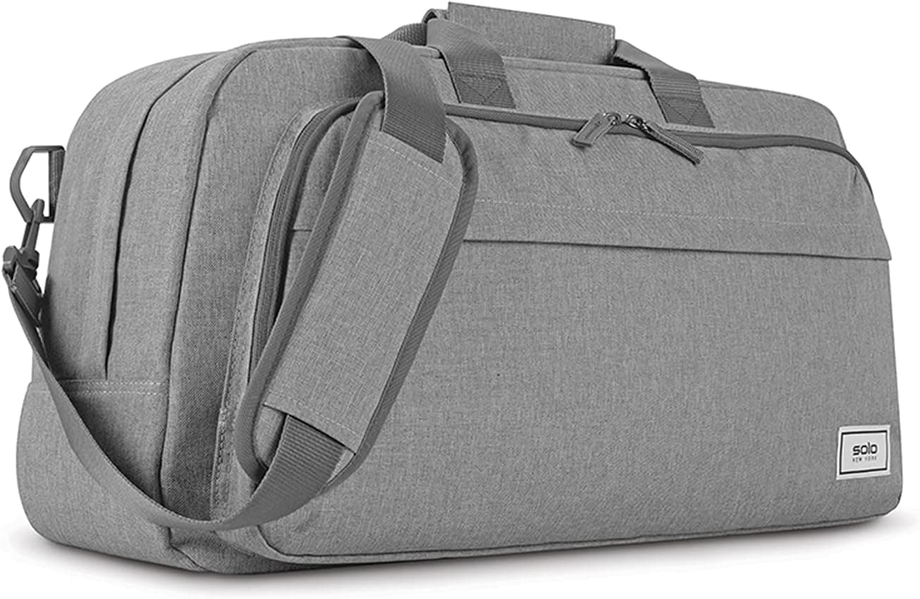 Solo New York Duffel Bag for Travel Weekender Bag for Women Men Carry On Luggage Lightweight Front Zippered Pocket Adjustable Shoulder Strap ReMove Gray