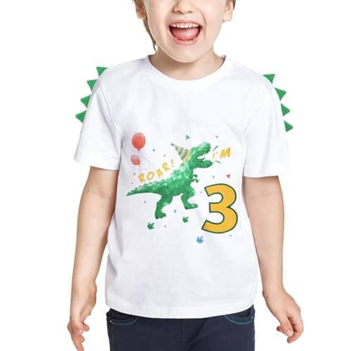 3rd Birthday Boy Shirt Dinosaur Birthday T-Shirt 3 Year Old Toddler Dinosaur Outfit Cotton White Dino Party Shirt Roar I’m 3 Short Sleeve Top Tee
