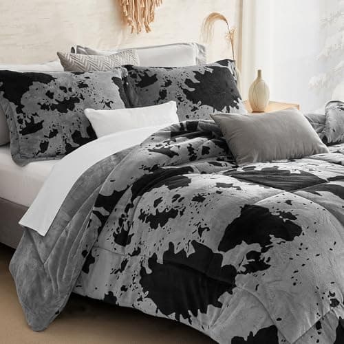 Petrichor Velvet Flannel Queen Comforter Set-Cow Print Western Style Blanket,Luxury Fuzzy Heavy Bedding Set, 3 Pieces Plush Winter Bed Set with Comforter (90"x90") & 2 Pillow Shams (20"x26")