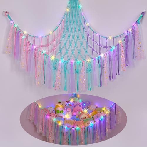 FIOBEE Stuffed Animals Net or Hammock with LED Light Toy Hammock Hanging Stuffed Animals Storage Organizer Holder Room Dcor for Nursery Kids Bedroom