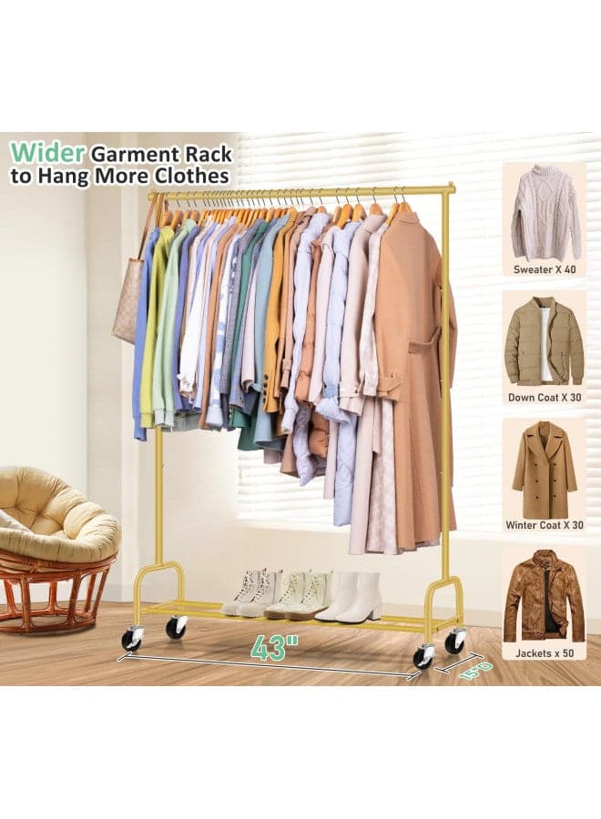 SLEEPING LAMB Heavy Duty Clothes Racks for Hanging Clothing Rack, 43" Wide Rolling Garment Rack Metal Wardrobe Rack with Wheels Closet Hanger Rack for Coats, Shirts, Dress (Gold)