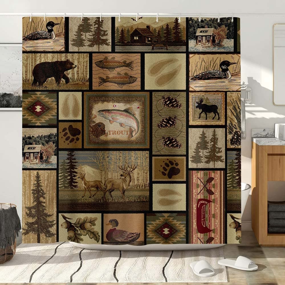 Hajmsug Rustic Lodge Shower Curtain Cabin Retro Bear Moose Lodge Vintage Farmhouse Shower Curtain Sets Wild Duck Leaves Mountain Hill Retro Decor Barhroom Curtain with Hooks 69X70