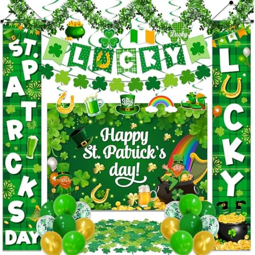 St Patricks Day Decorations Saint Patricks Day Decorations includes Lucky Banner Shamrock Garland Hanging Swirs and St Patricks Day Porch Sign for St Patricks Day Decorations for Office Home Outdoor