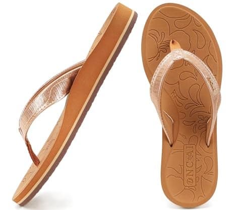 ONCAI Women's Flip Flops Comfortable Summer Beach Thong Sandals for Women 2025 with Cushion Walking Arch Support Yoga Mat Indoor Outdoor Soles Khaki Size 7