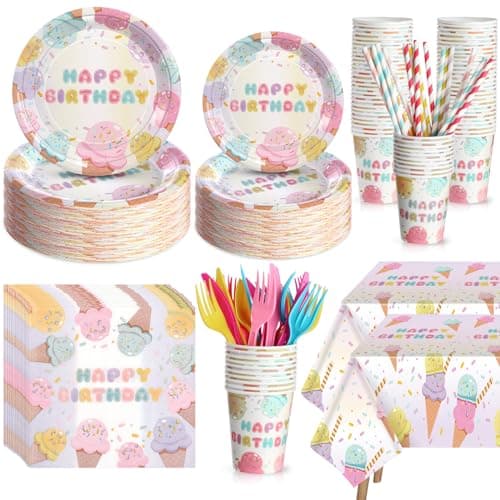 LOYIM 194 Pcs Ice Cream Birthday Party Decorations Supplies 24 Guest Disposable Dinnerware with Ice Cream Tablecloth Paper Plates Cup Napkin Plastic Fork Knives Spoon for Grow up Party Shower