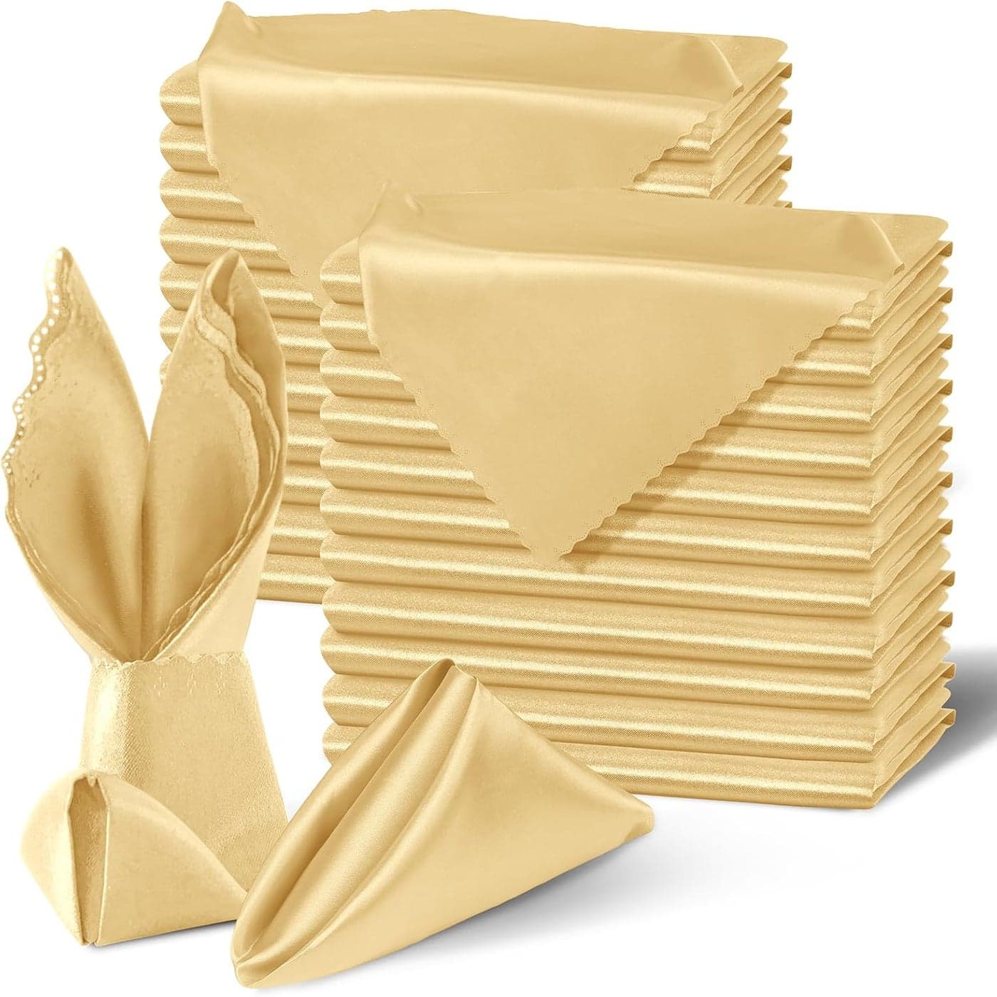 Homiest 100 Pack Gold Satin Dinner Napkins 20x20 Inches Scalloped Square Silky Elegant Wedding Decor Smooth Table Cloth for Restaurant Banquet Graduation Party
