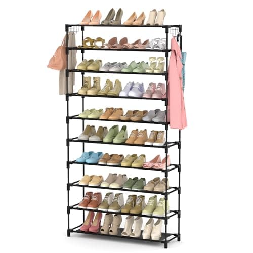 LANTEFUL 10 Tiers Shoe Rack 50 Pairs Large Capacity Tall Shoe Organizer Sturdy Shoe Storage with Two Hooks Space Saving Metal Wide Shoe Rack for Closet Entryway Bedroom Black