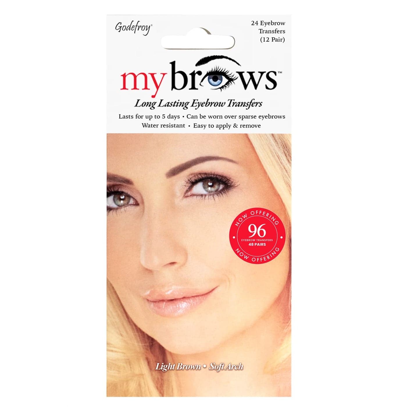 Godefroy MyBrows Long Lasting Eyebrow Transfers Soft Arch Light Brown 48Pairs of Brows 96 Individual transfers