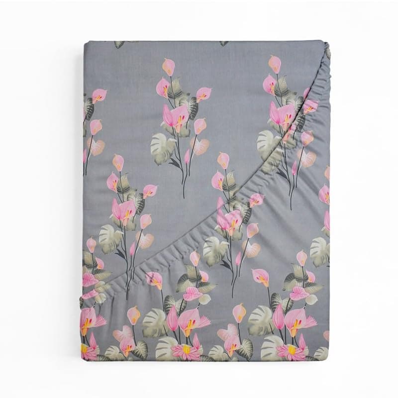 BSB HOME Premium Cotton 220tc Elastic Fitted Bedsheets with 2 Pillow Covers | King Size Bed with All Around Elastic 220 TC Supersoft Printed Pattren Breathable |Size-78 x72+10 inches | Grey & Pink