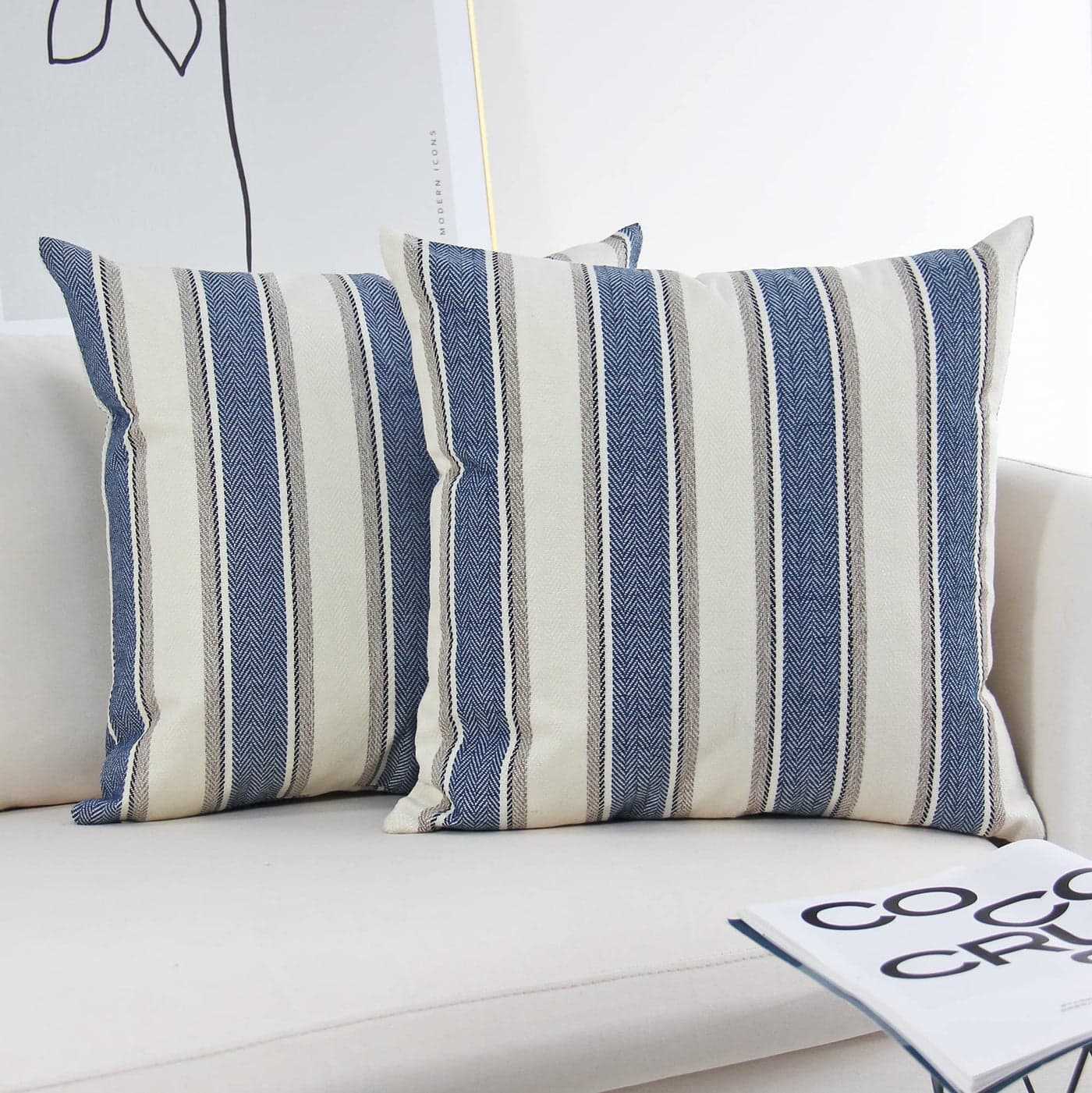 JOJUSIS Stripe Throw Pillow Covers Farmhouse Pillowcases Pack of 2 18 x 18 Inch Blue