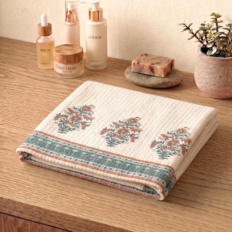 Peepul Tree 100% Pure Cotton 1 Bath Towel Set in Peach & Teal Color | Soft & Super Absorbent | Quick Dry Towels | Block Printed Floral Design I Pure Cotton Waffle Towel