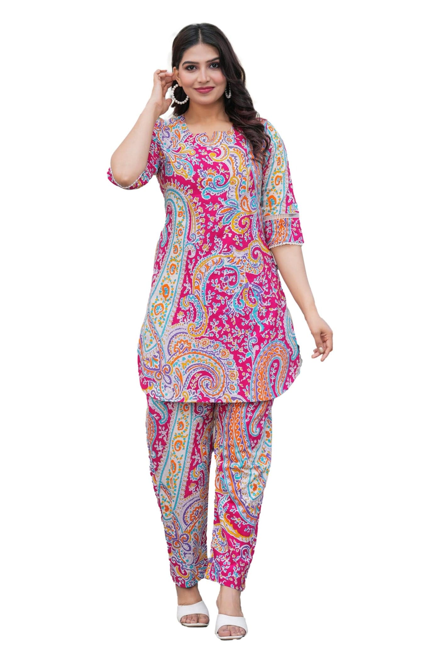 Pistaa's Women Vibrant Paisley Printed Straight Rounded Hem Co-ord Set (S, Pink)