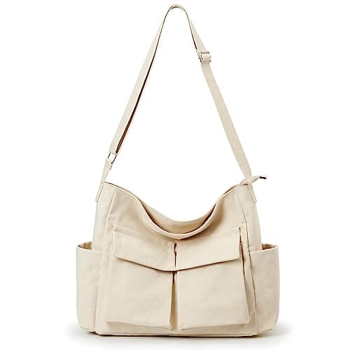 KALIDI Canvas Tote Messenger Bag with Pockets, Large Crossbody Bag for Women or Men Casual Canvas Shoulder Bag for College Work Travel Daily, Beige