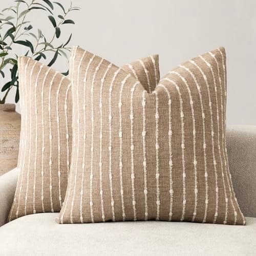 Foindtower Pack of 2 Decorative Jacquard Boucle Throw Pillow Covers Accent Textured Striped Pillowcases Soft Cozy Boho Modern Cushion for Couch Sofa Bedroom Living Room Home Decor 20x20 Inch Camel
