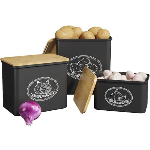 Lifewit Plastic Potato and Onion Storage Bin, Stackable Garlic Keeper with Aerating Holes and Lid, Vegetable Container Box for Pantry Countertop, Black, 24 x 18 x 24 cm/9.5 x 7 x 9.5 inch, Set of 3