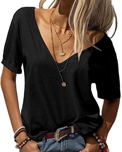 Danedvi Women Fashion Deep V-Neck Short Sleeve Tops Solid Casual Loose Basic T Shirt