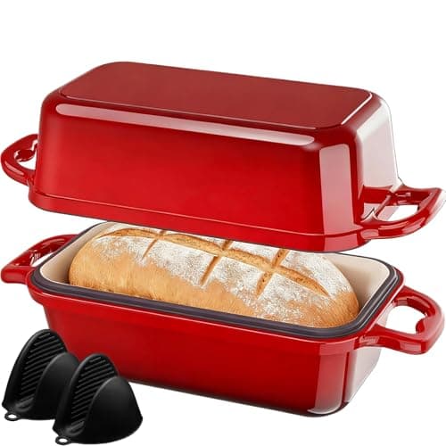 DYCYRQ Enameled Cast Iron Dutch Oven for Sourdough Bread Baking, 8.5 x 4.5Inch Oval Cast Iron Bread Pan with Lid, 2PCS Dutch Oven for Homemade Sourdough Baking, Meatloaf Pan, Oven Safe, Red