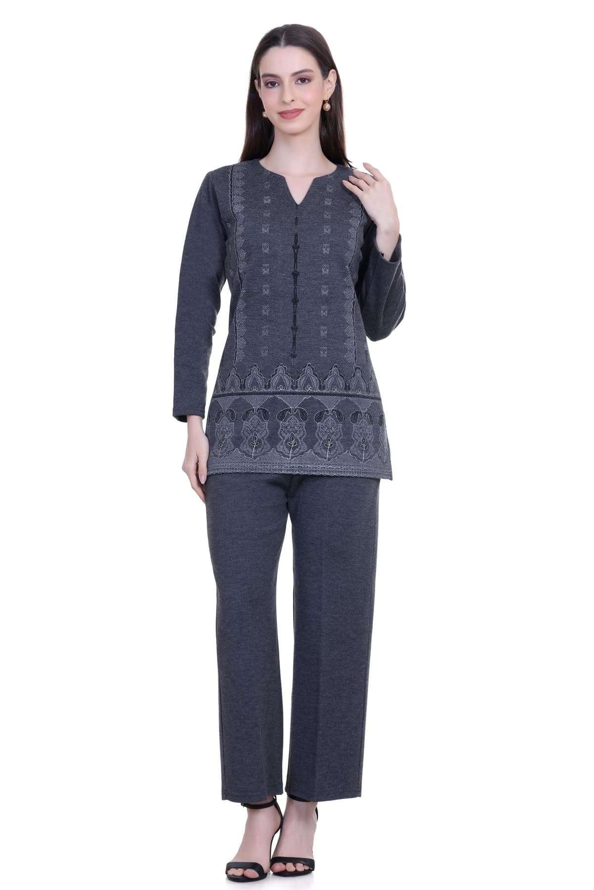 Rosary Women's Girls Woollen Winter Wear Co-ord Set Short Kashmiri Printed Zari Work Phiran Ethnic Top Bell Bottom Pant With Pockets