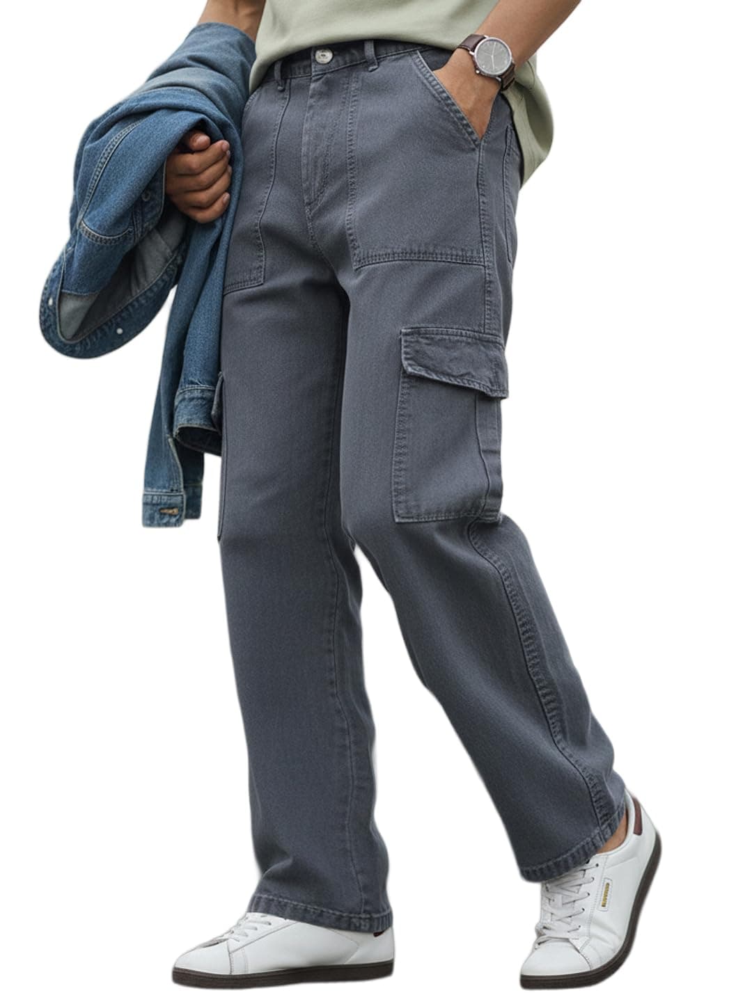 Urbano Fashion Men's Light Grey Loose Baggy Fit Cargo Jeans with 6 Pockets Non-Stretchable (jeanlscargo-lgrey-36)