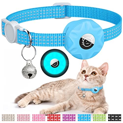 AirTag Cat Collar, Reflective Kitten Collar with Breakaway Apple AirTag Holder and Bell, Lightweight GPS Tracker Collar for Cats and Puppies (Luminous Blue)