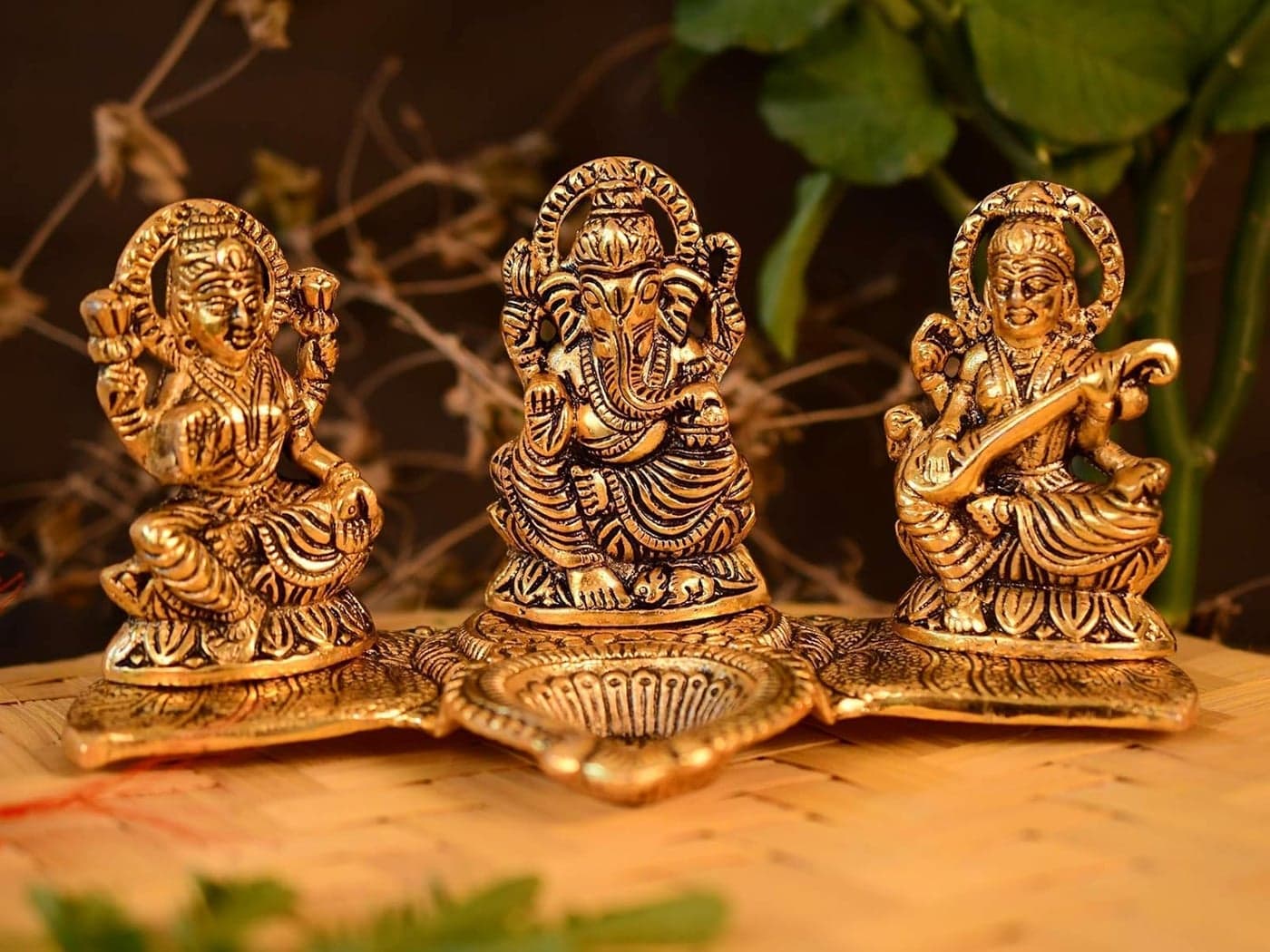 Collectible India Lakshmi Ganesha Saraswati with Diya Diwali Statue Idol Puja Deepak Showpiece Oil Lamp Diya Decorations Set of 10