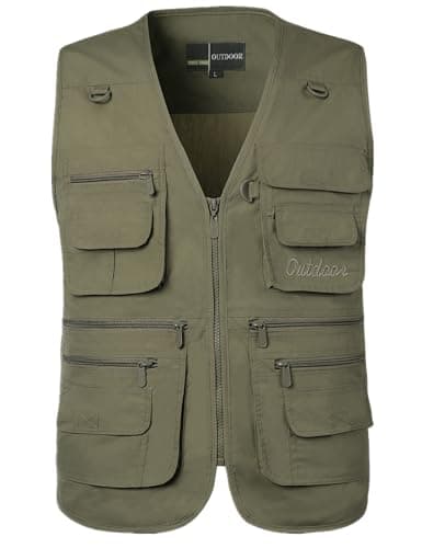 Flygo Men's Fishing Vest Utility Lightweight Outdoor Travel Safari Photo Cargo Vest with 16 Pockets Style 01 Army Green 3XL