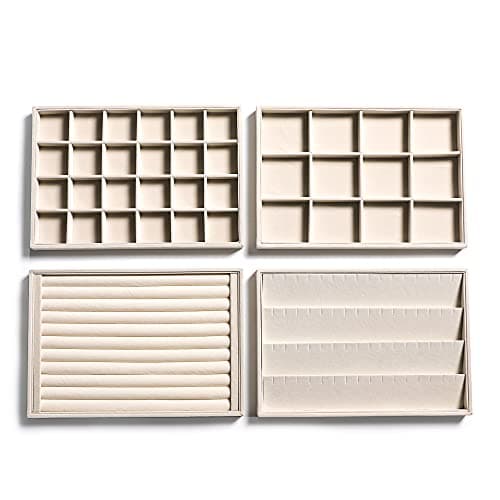 Frebeauty Stackable Velvet Jewelry Organizer Trays for Drawers Inserts Jewelry Storage Tray Display Case Earrings Bracelets Necklace Rings Accessories Trays for Women Girls(Set of 4)(Beige)