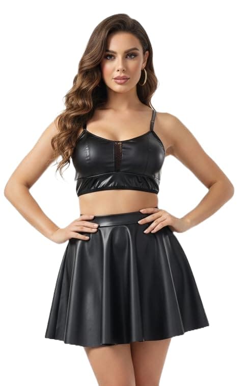 GirlFriend Women Leather Lingerie Black Babydoll Round Neck Nightwear Chemise Nightie Bodysuit Lingerie Bra Skirt Panty Honeymoon Mini Nightdress Sheer mesh with Panty