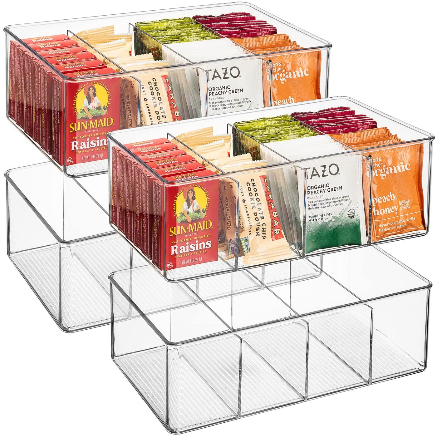 Sorbus Storage Bins with Dividers Clear Plastic Organizer Store Tea Bags Spices Seasonings Drink Packets Oatmeal Snack Storage Display Containers for Kitchen Pantry 4 Pack