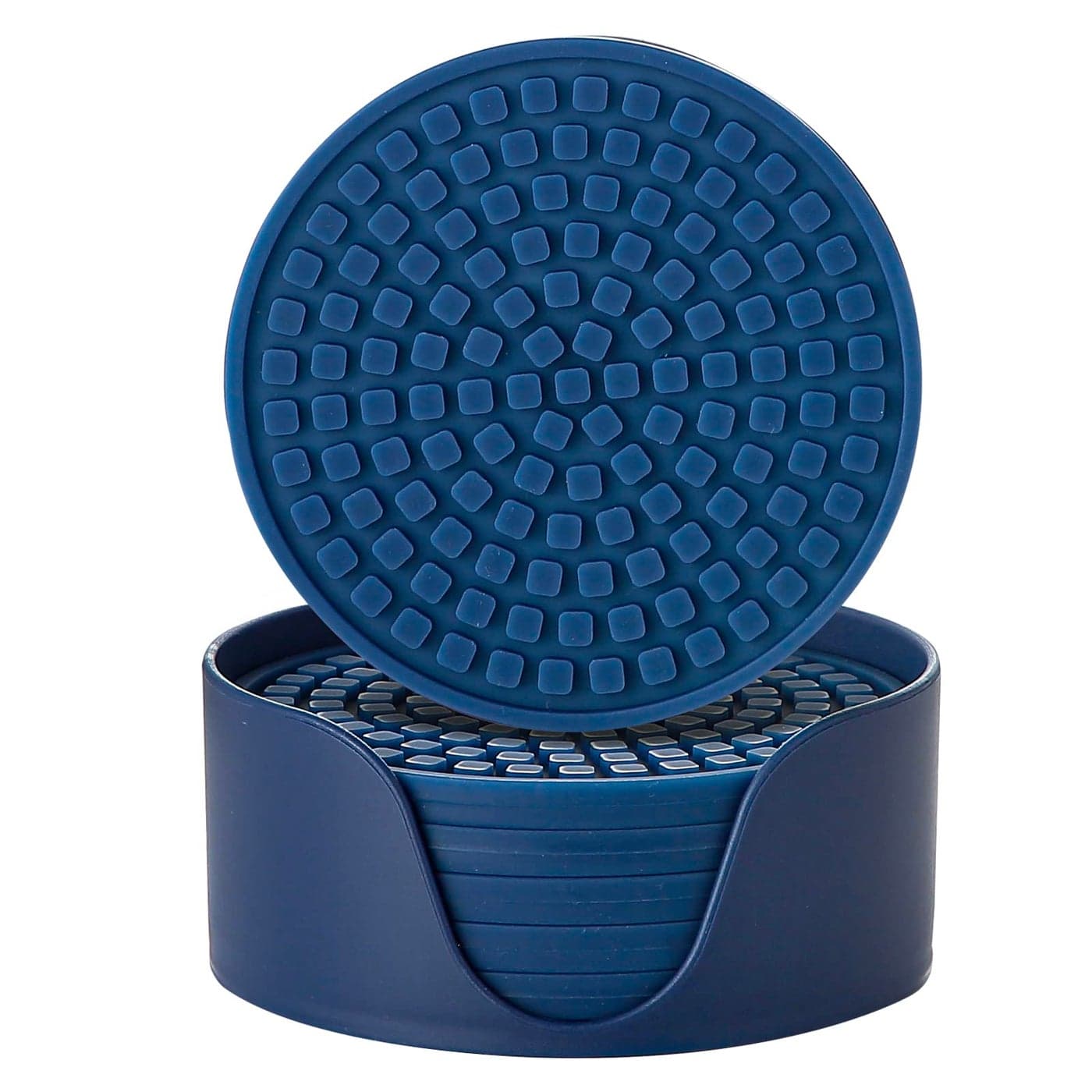 Colinda Silicone Drink Coasters with Holder Set of 6 for Tabletop Protection and Office Desk Cup Mat Set for Home Decor NonSlip and NonStickRound4 InchNavy Blue