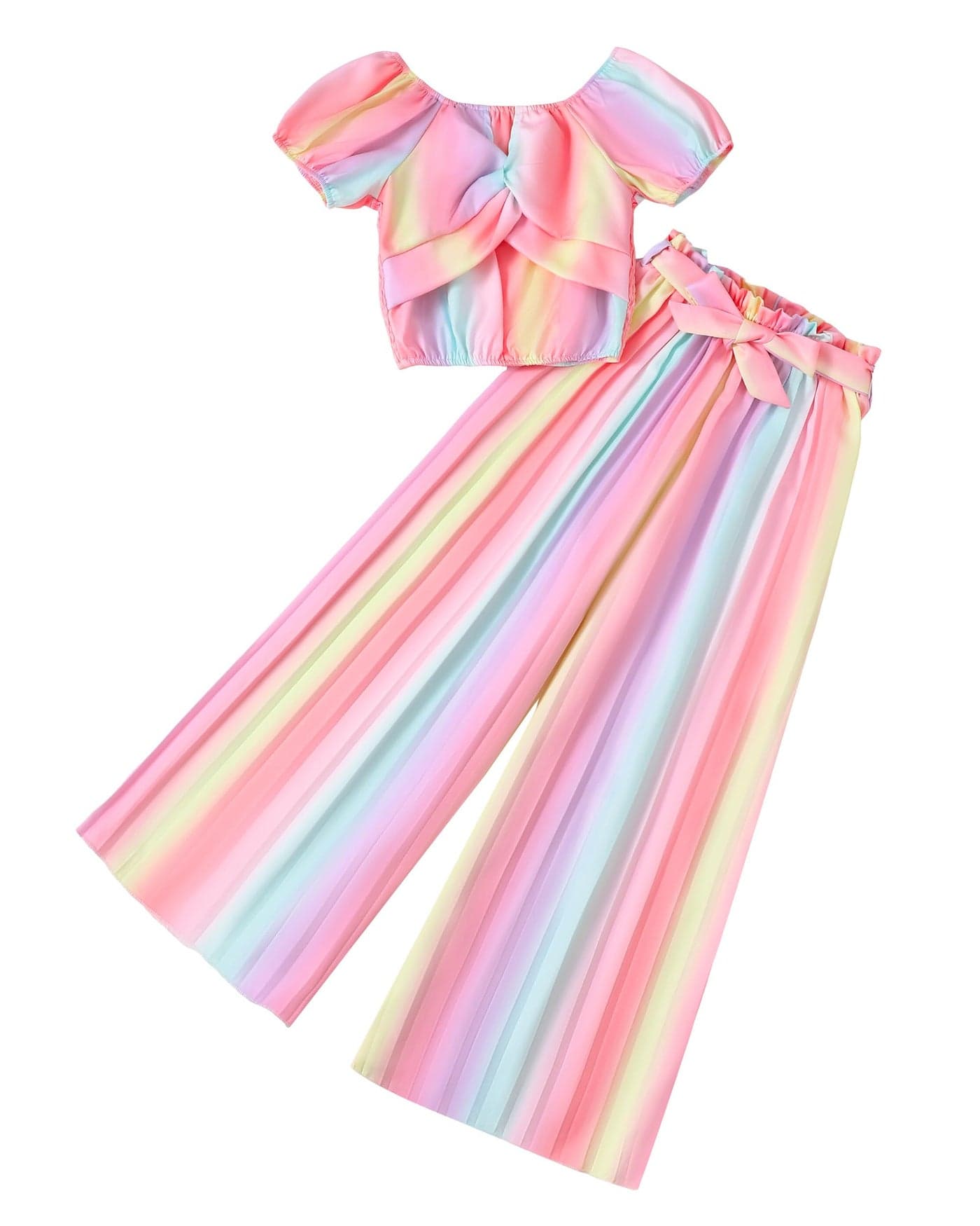 XUANHAO Girls Clothes Size 8 Summer Teen Girl Clothing for School Girls Outfits Size 7 Tie-Dyed Square Neck Twist Front Smocked Top Multicolored Pleated Wide Leg Pants Set Girl Outfit