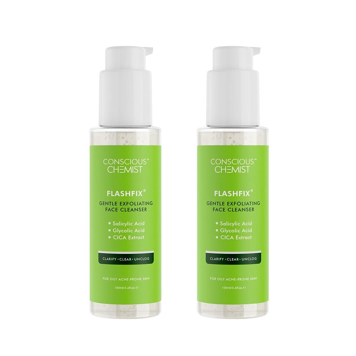 Conscious Chemist Salicylic Acid Face Wash 100ml Face Wash for Oily and Acne Prone Skin for Women Men Cleanser with Glycolic Acid CICA Extract Glowing Radiant Skin Flashfix Pack of 2