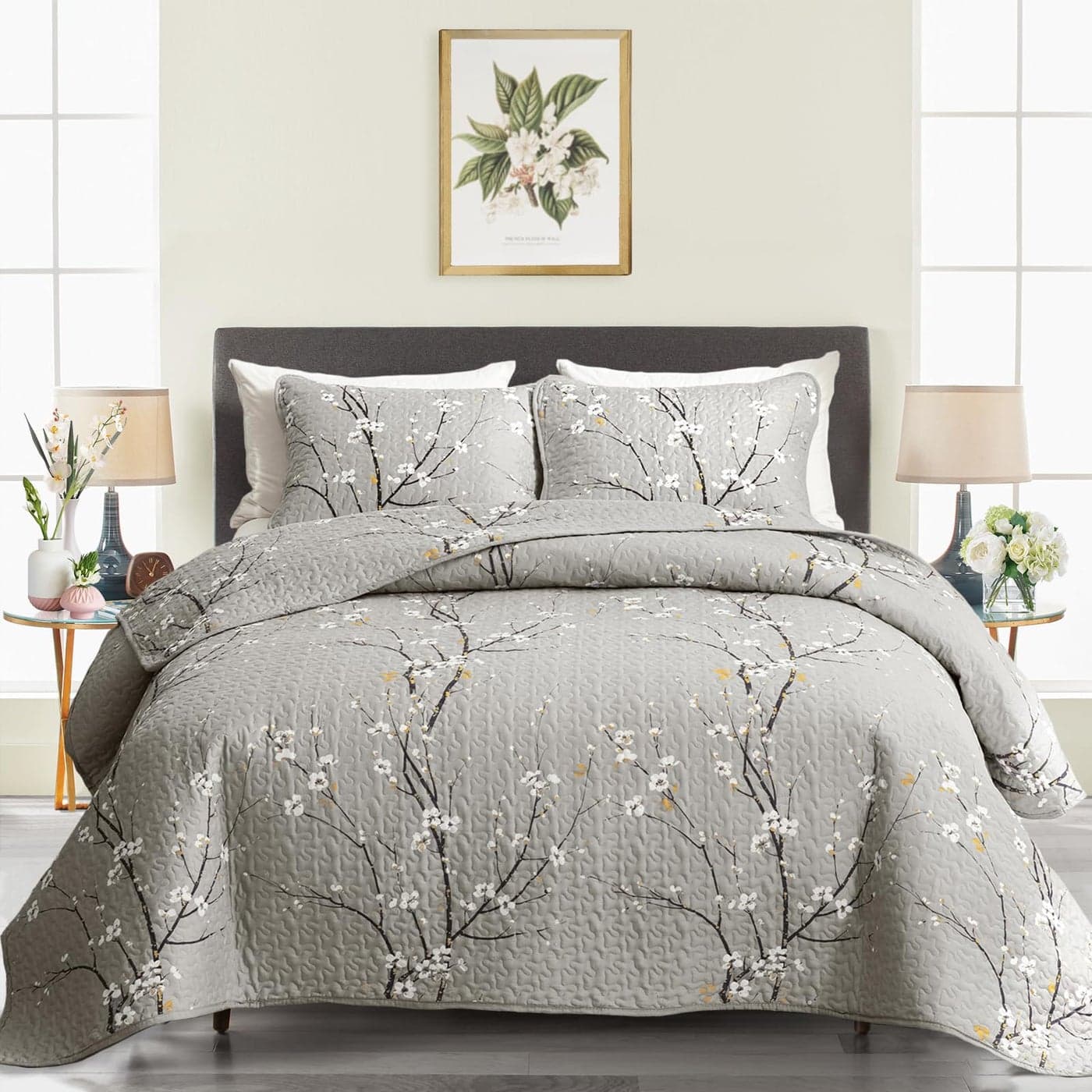 3 Piece Reversible Quilt Set Gray Branch with White Orange Floral King Size 102x88 Soft Microfiber Lightweight Coverlet Bedspread Summer Comforter Set Bed Cover for All Season 1 Quilt 2 Shams