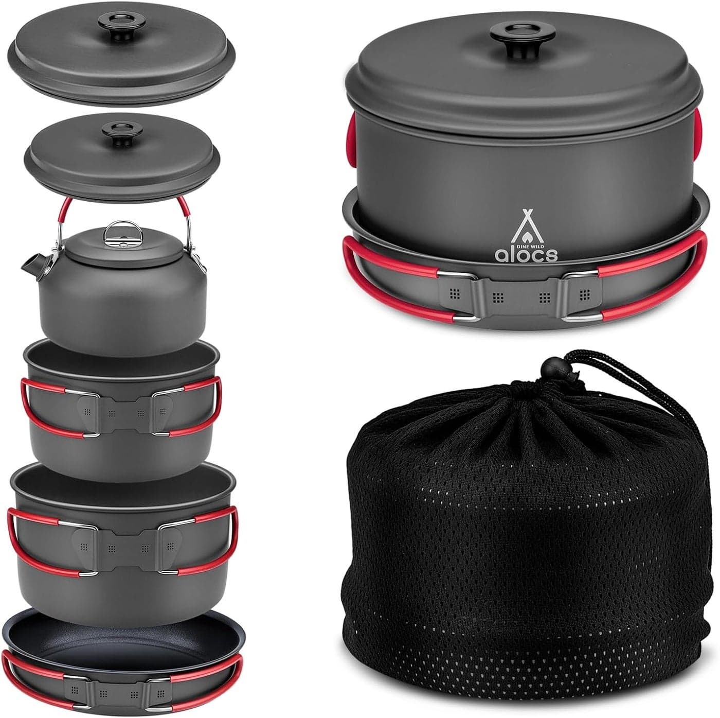 Alocs Camping Cookware Set Camping Gear Compact Camping Pots and Pans Set Durable Hard Alumina Camping Cooking Set for Outdoor Backpacking Camping Hiking Picnic Included Mesh Carry Bag