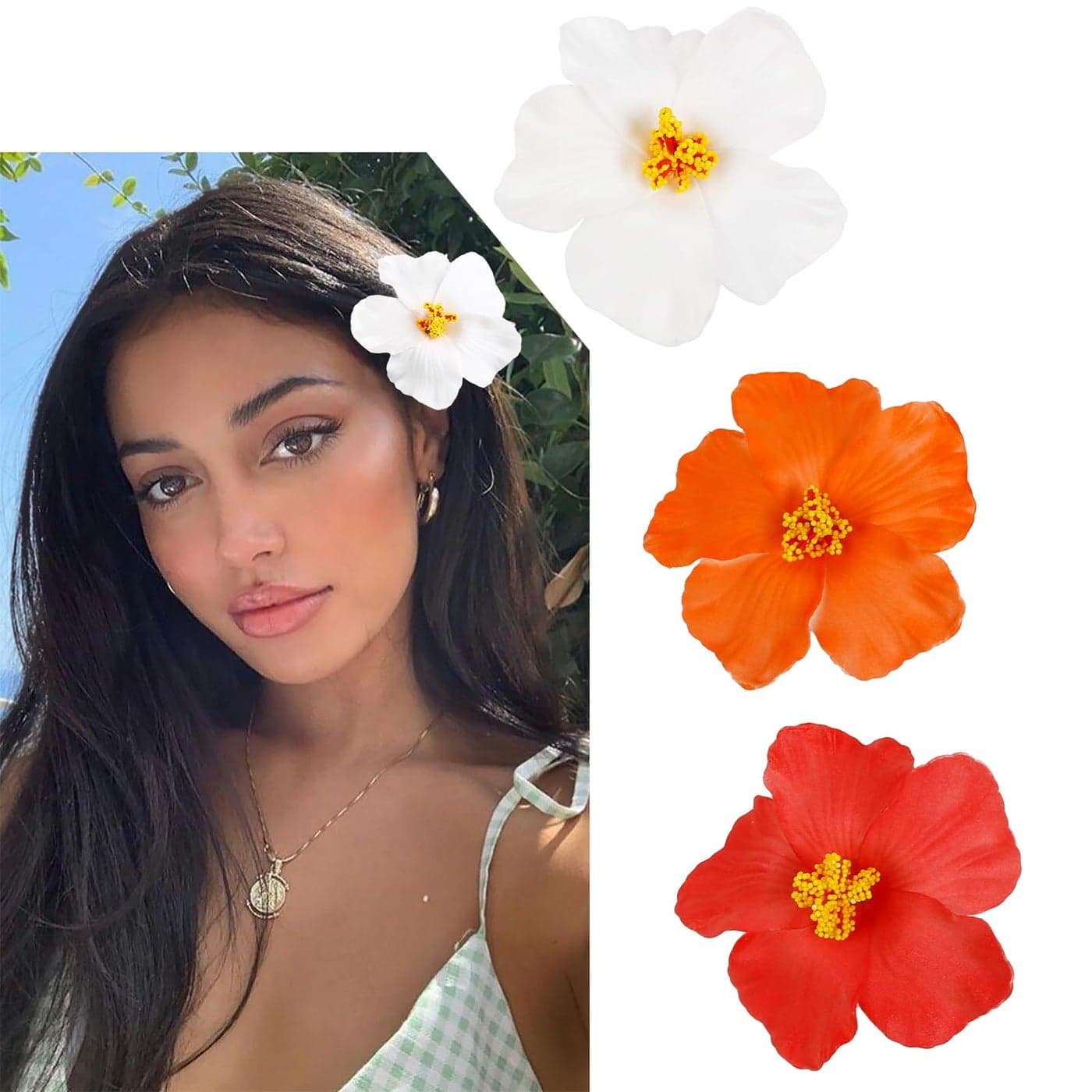 TEBIEKOY 3Pcs Hawaiian Flower Hair Clips for Women Plumeria Hibiscus Hair Clip 35 Inch Artificial Flower Clips for Vacation Party Beach Accessories