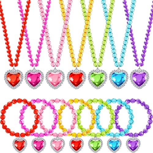 Sureio 7 Sets Girl Dress up Jewelry Toddler Princess Bracelet Necklaces Kids Valentines Day Costume Jewelry Set for Girl Tea Costume PartyHeart Pendant