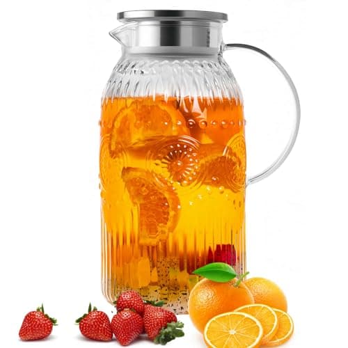 Bandesun Vintage Glass Pitcher with Lid, Heat Resistant Borosilicate Water Jug, 68 oz/ 2 Liter Water Pitcher with Handle and Spout for Fridge, Carafe for Hot/Cold Coffee, Tea,Beverage 1Pack