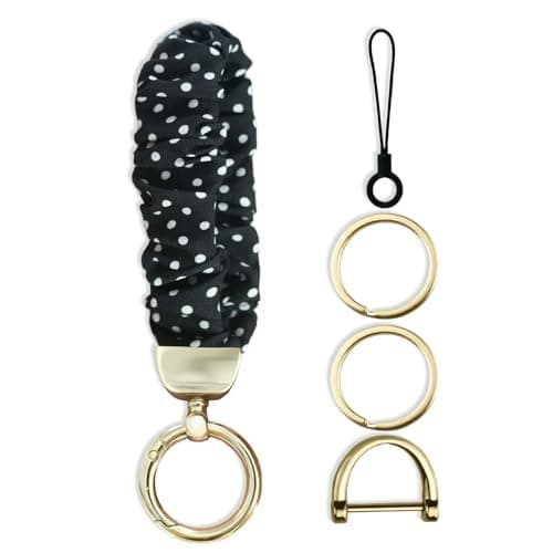 Jusen Stretchy Scrunchie Keychain Wristlet,Cute Key Chain Wrist Lanyard Strap for Women Men Car Keys ID Badges Wallet (Black Polka Dots)
