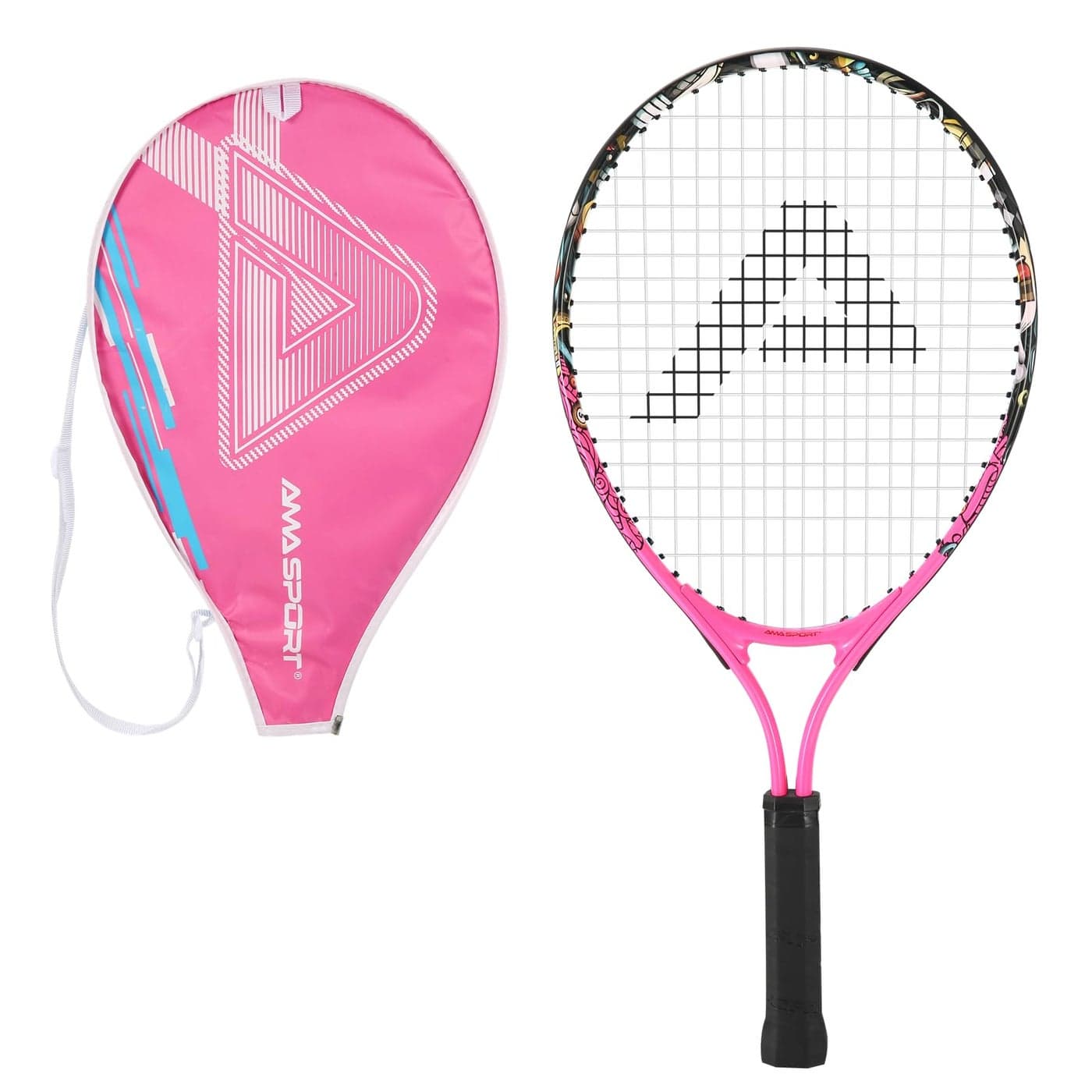 AMA SPORT Kids Tennis Racket for Junior Toddlers Starter Kit 17-25" for Girl Pink and Boy Yellow with 420D Nylon Shoulder Strap Bag, Graffiti Pink 19"