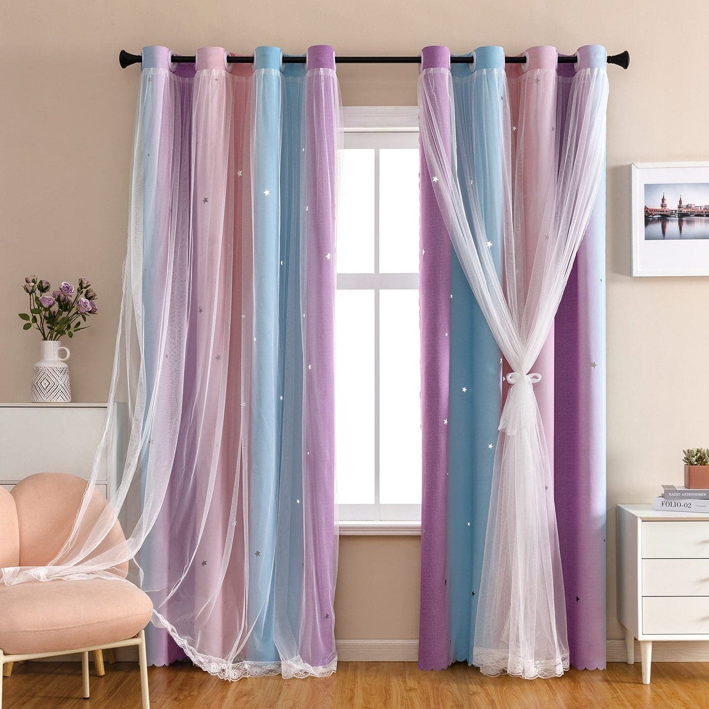XiDi Dream Star Blackout Curtains for Kids Rooms Girl Princess Curtain for Daughter Bedroom 84 inches Long Pink Purple W52 X L84