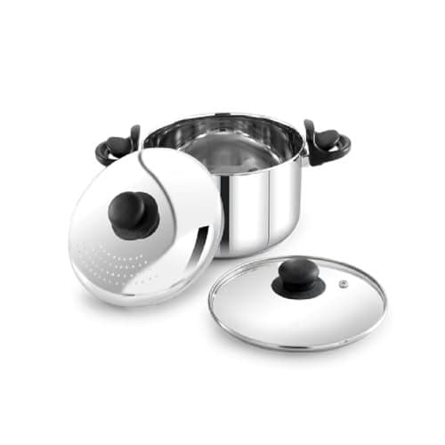 Praylady 7.0L Stainless Steel Strainer Pot with Glass Lid (24 CM) – Induction Base Multi-Purpose Cooking Pot for Pasta, Rice, Noodles, Vegetables – Pasta Pot, Anti-Locking, Dishwasher Safe