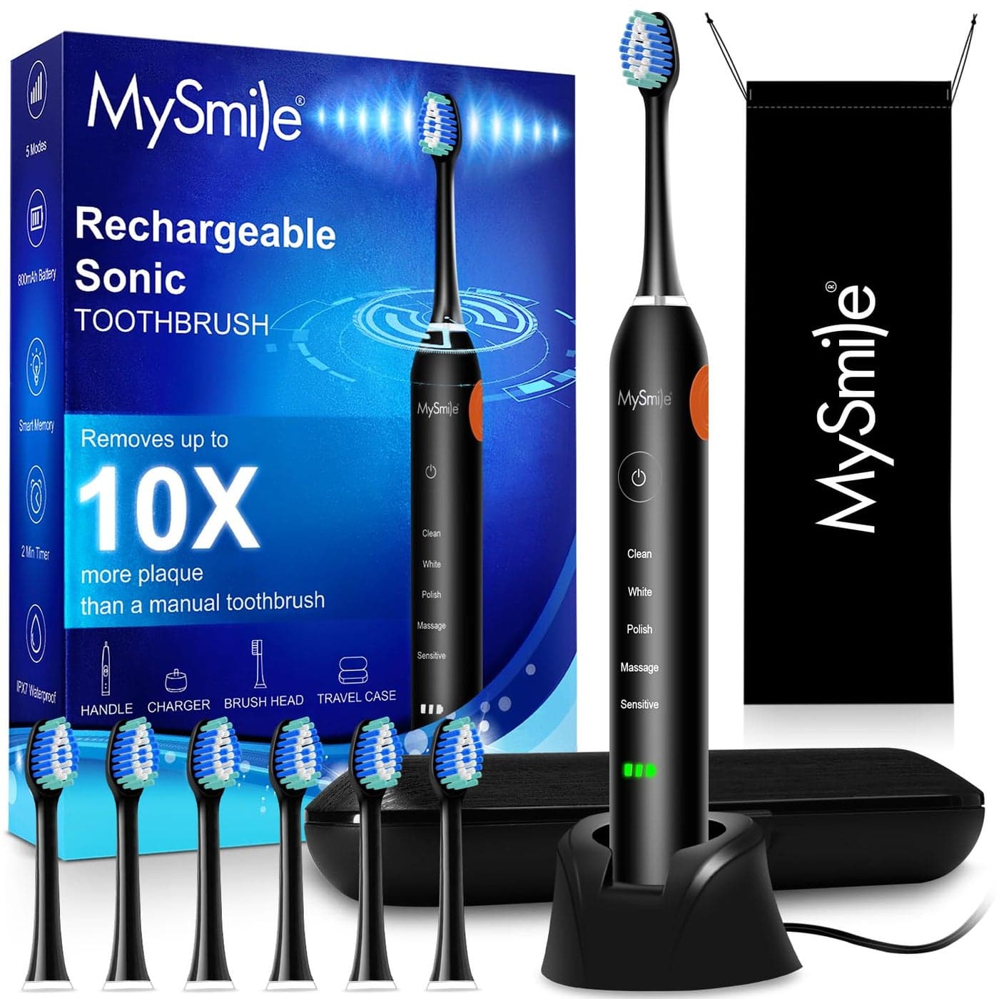 MySmile UC605 Electric Toothbrush for Adults Rechargeable Sonic Electronic Toothbrush with 6 Brush Heads and Travel Case 2 Mins 5 Modes Smart Timer 48000VPM Black