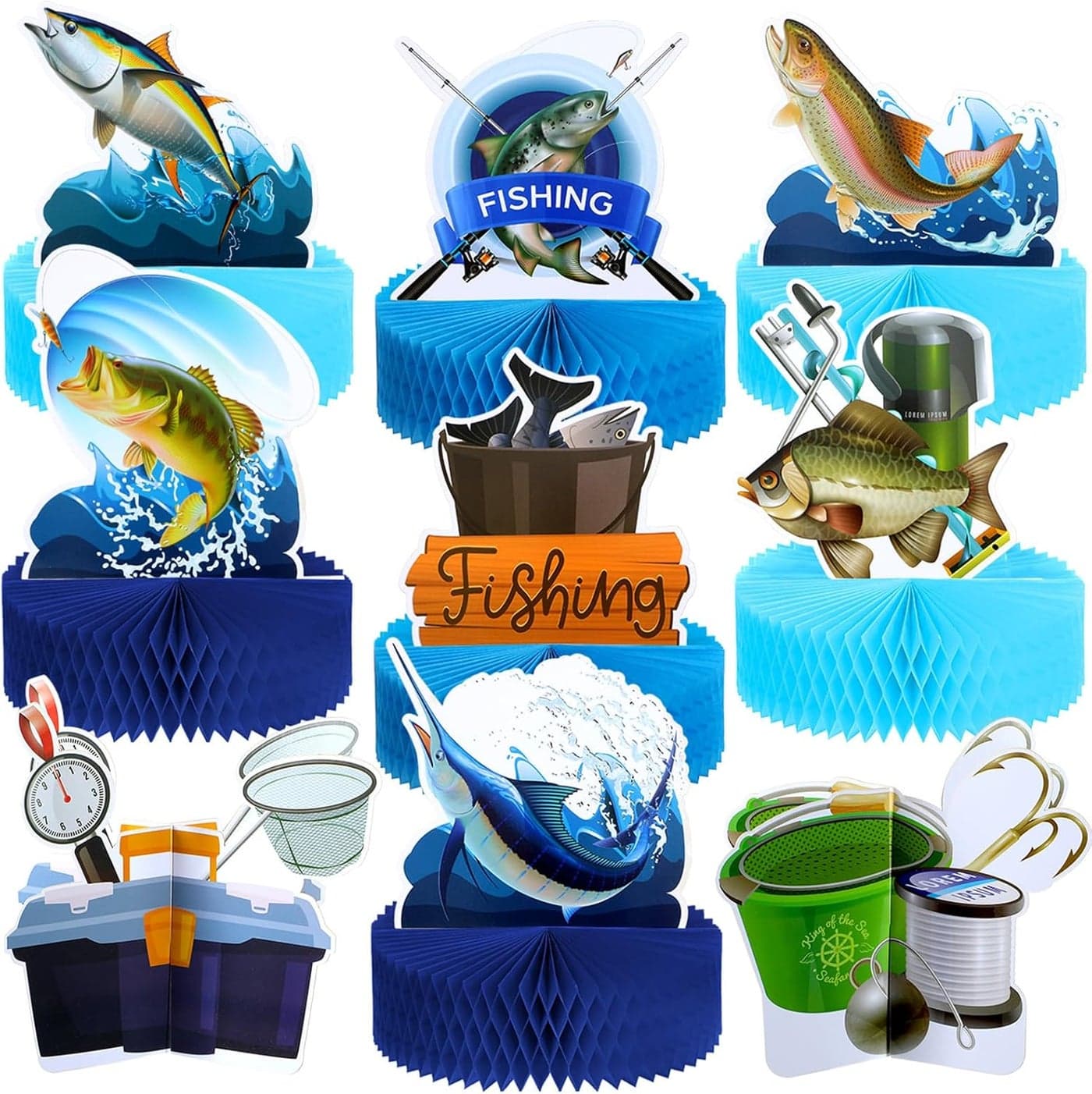 Sureio 9 Pcs Fishing Table Centerpiece Fishing Party Decorations gone Fish Table Decor 3D Paper Signs Honeycomb Fish Birthday Party Supplies for Baby Shower Retirement Theme Fathers Day