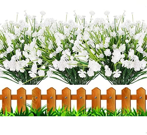 HBell 12Pcs Artificial Flowers Outdoor Decorations Greenery Shrubs Plants Artificial Plastic Flowers UV Resistant No Fade Fake Flowers Indoor Outside Hanging Plants Home Garden Porch Decor white
