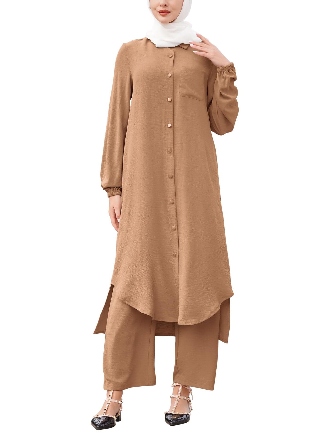 ODIZLI Plus Size Muslim Kaftan Abaya Dubai Prayer Dress Eid Outfits with Pants Ethnic Shirts Islamic Eid Ramadan Abaya Dress Caramel 3XL