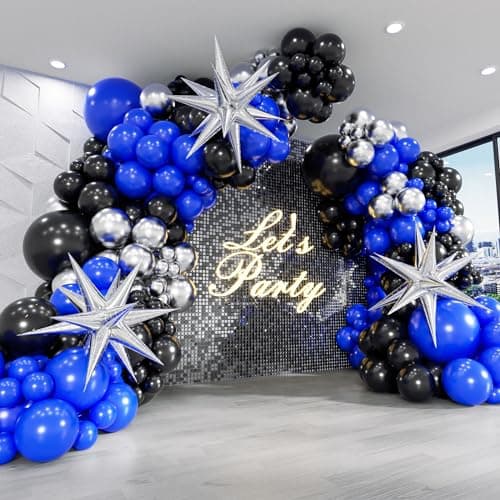 FOTIOMRG Royal Blue and Black Balloon Garland Arch Kit with 3pcs Star Balloon Navy Blue Balloons Metallic Sliver Black Balloons for 30th 40th 50th Birthday Graduation New Years Party Decorations