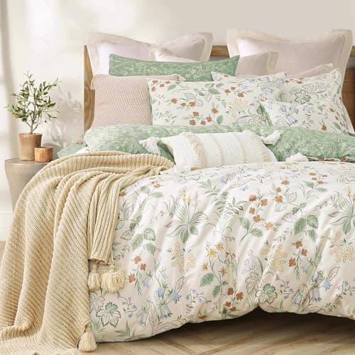 ALEISSEL Natural Cotton 2pcs Botanical Comforter Sets Twin Size-Green Comforter with Red & Blue Flowers,Gray Leaves on Off-White, Reversible Lightweight Bedding Sets(Twin 68"×90")