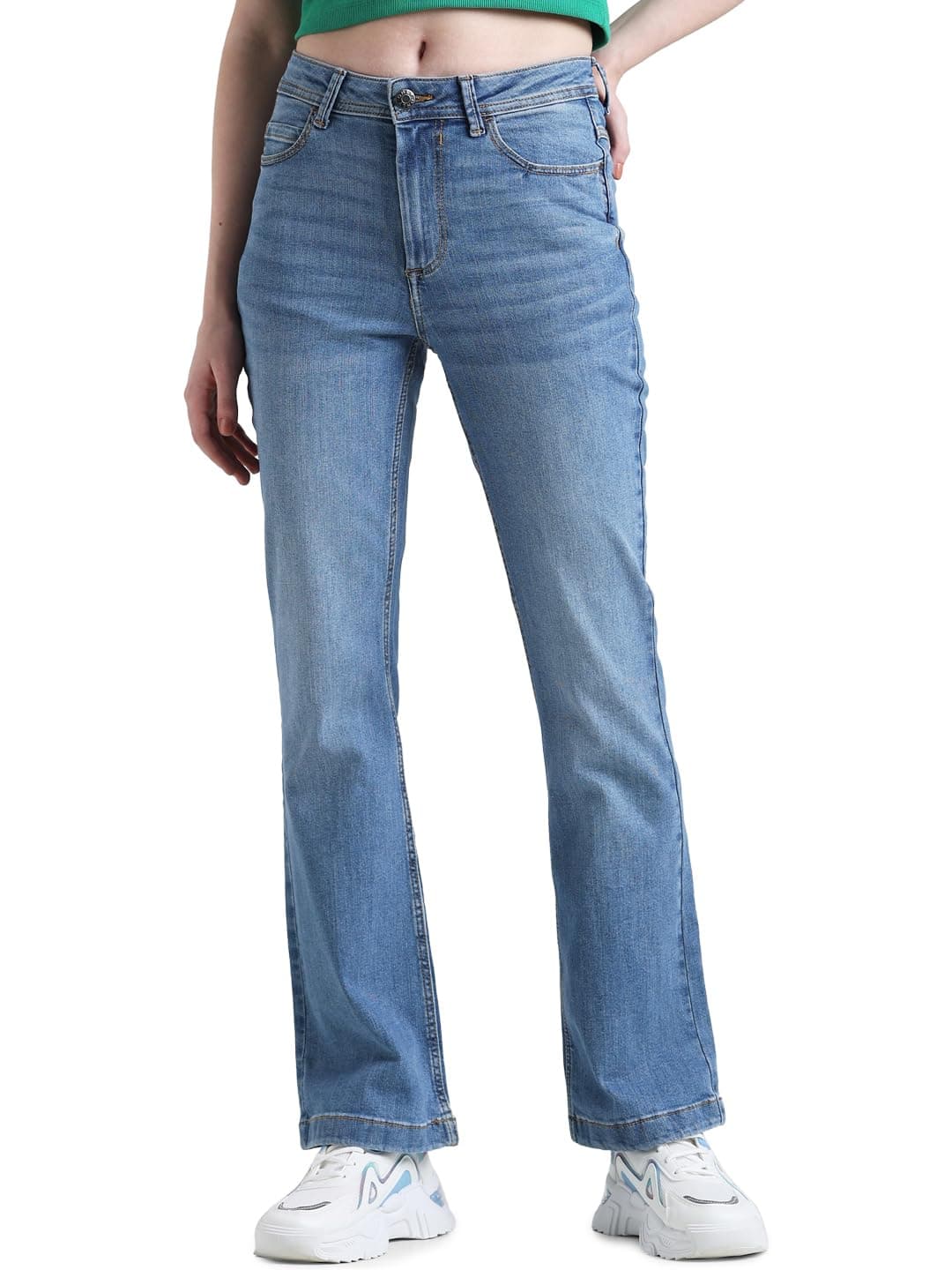 ONLY Women Solid Cotton Flared Fit High Rise Blue Jeans