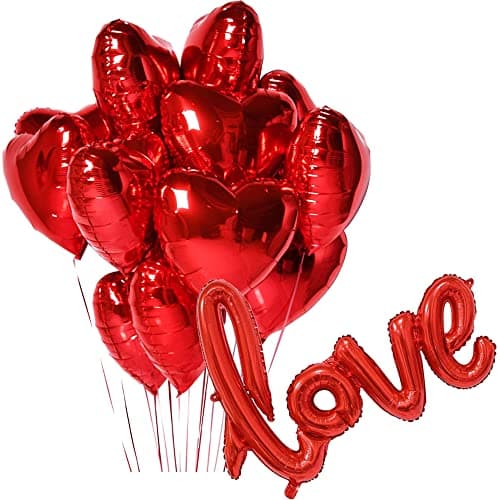 GRAND SHOP Heart Shape with Cursive Love Foil Balloons Red Set of 16 Pcs