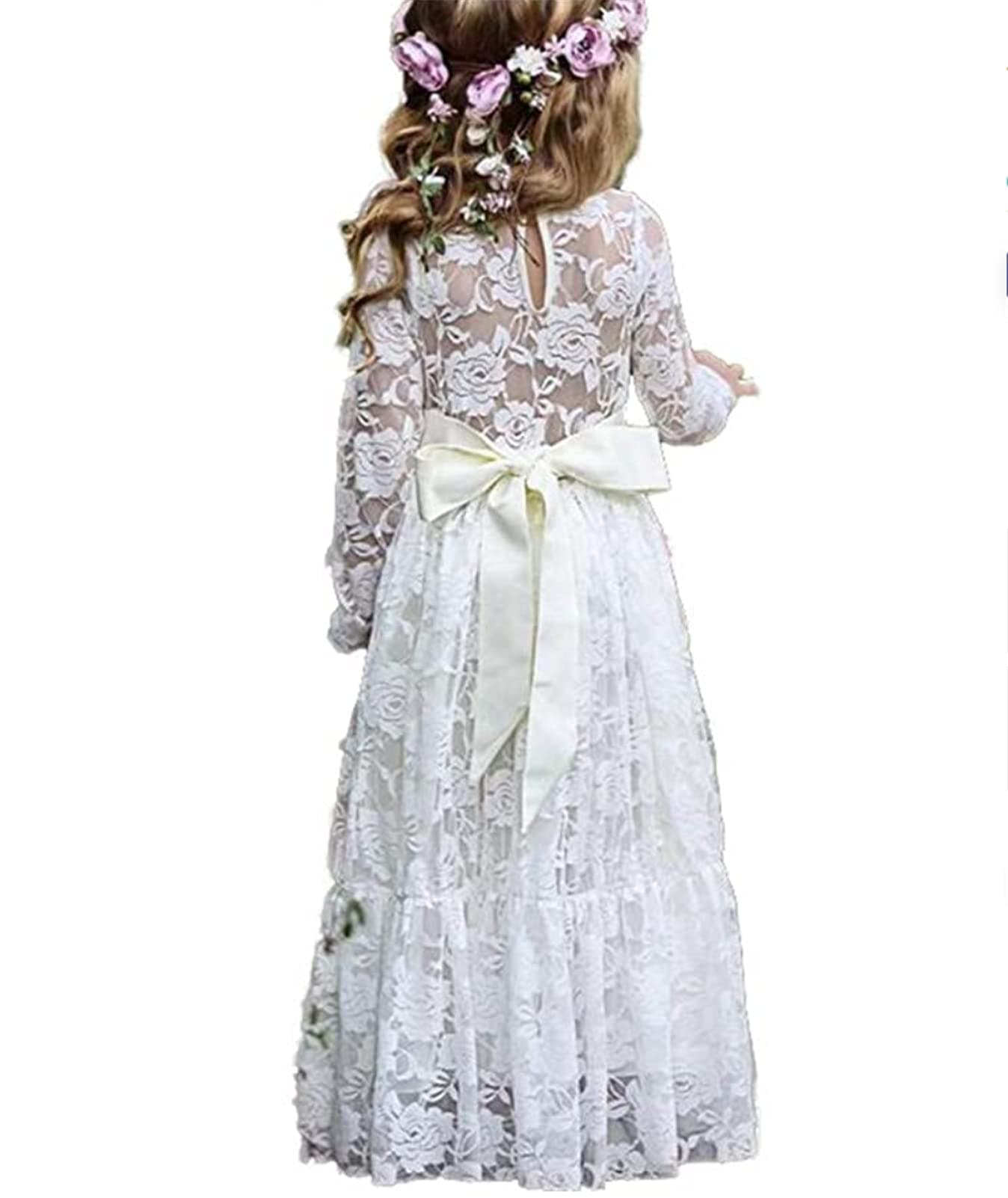 Little Flower Girl Fancy Ivory White Lace Boho Long Sleeve Full Length Slim Maxi Princess Dresses